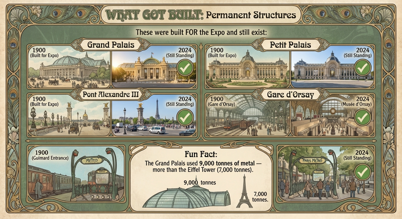 Permanent structures built for the Expo: Grand Palais, Petit Palais, Pont Alexandre III, Gare d'Orsay, Paris Metro - all still standing
