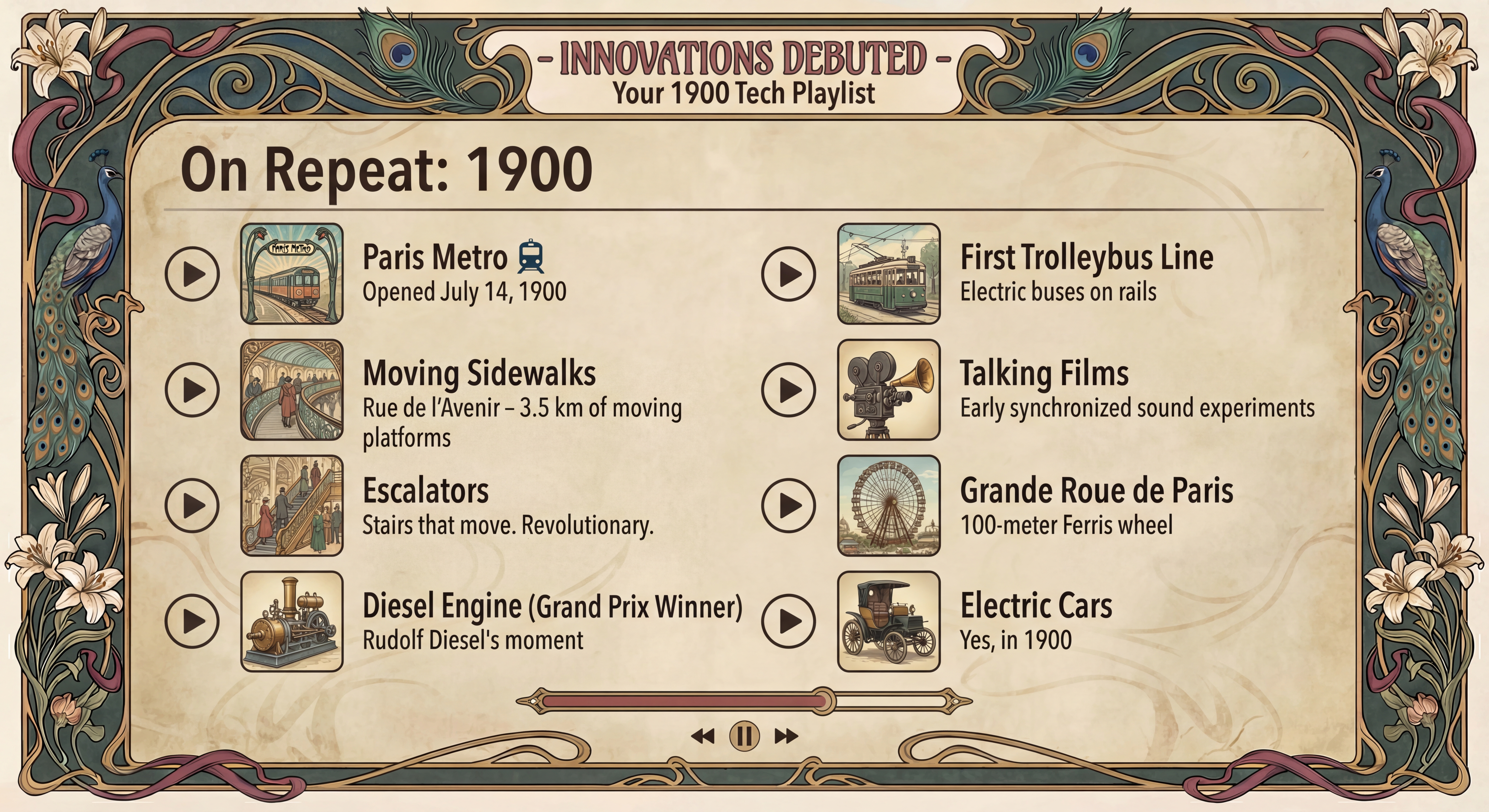 Innovations debuted: Paris Metro, Moving Sidewalks, Escalators, Diesel Engine, Trolleybus, Talking Films, Grande Roue, Electric Cars
