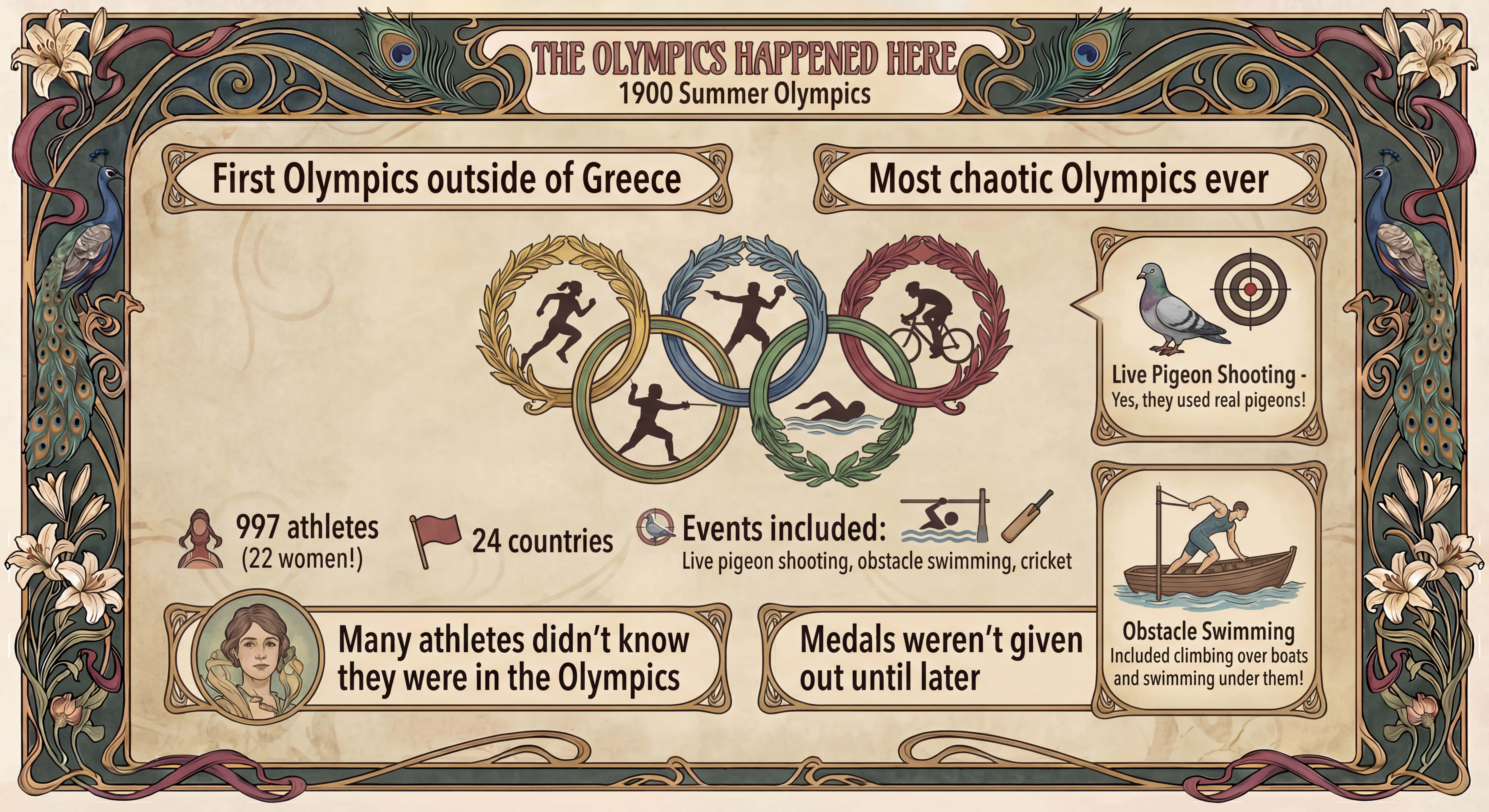 1900 Summer Olympics - 997 athletes, 22 women, 24 countries. Events included live pigeon shooting and obstacle swimming