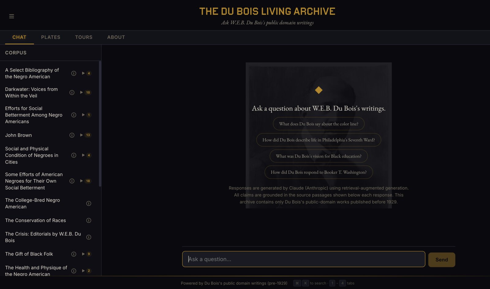 The Du Bois Living Archive chat interface — ask a question about W.E.B. Du Bois's public-domain writings