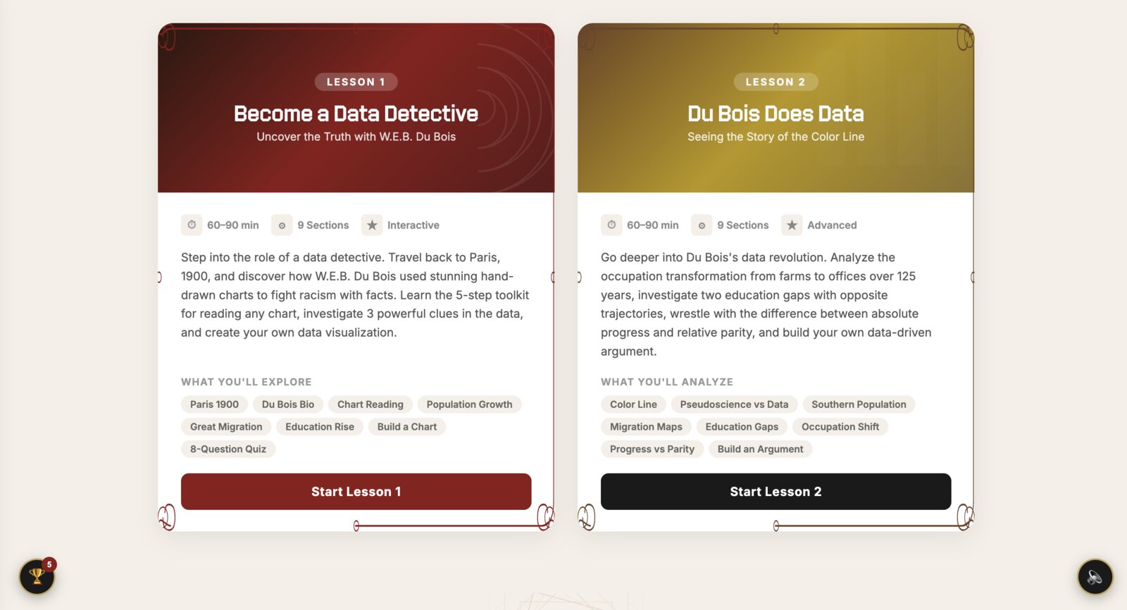 Lesson cards: Become a Data Detective and Du Bois Does Data — standards-aligned CS+history curriculum