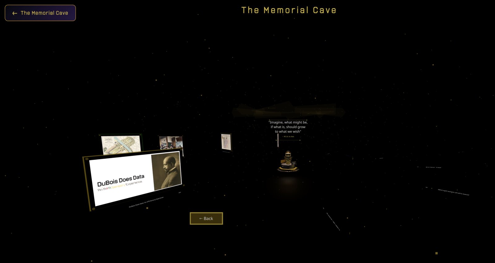 The Memorial Cave in VR — starfield, Du Bois portrait floating, and the founding quote